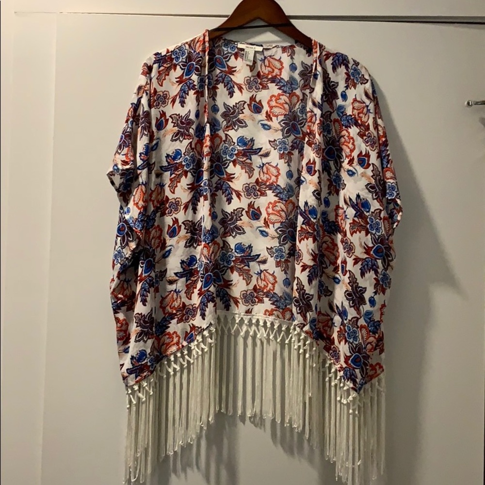 Forever 21 Floral Print Kimono with Fringe
